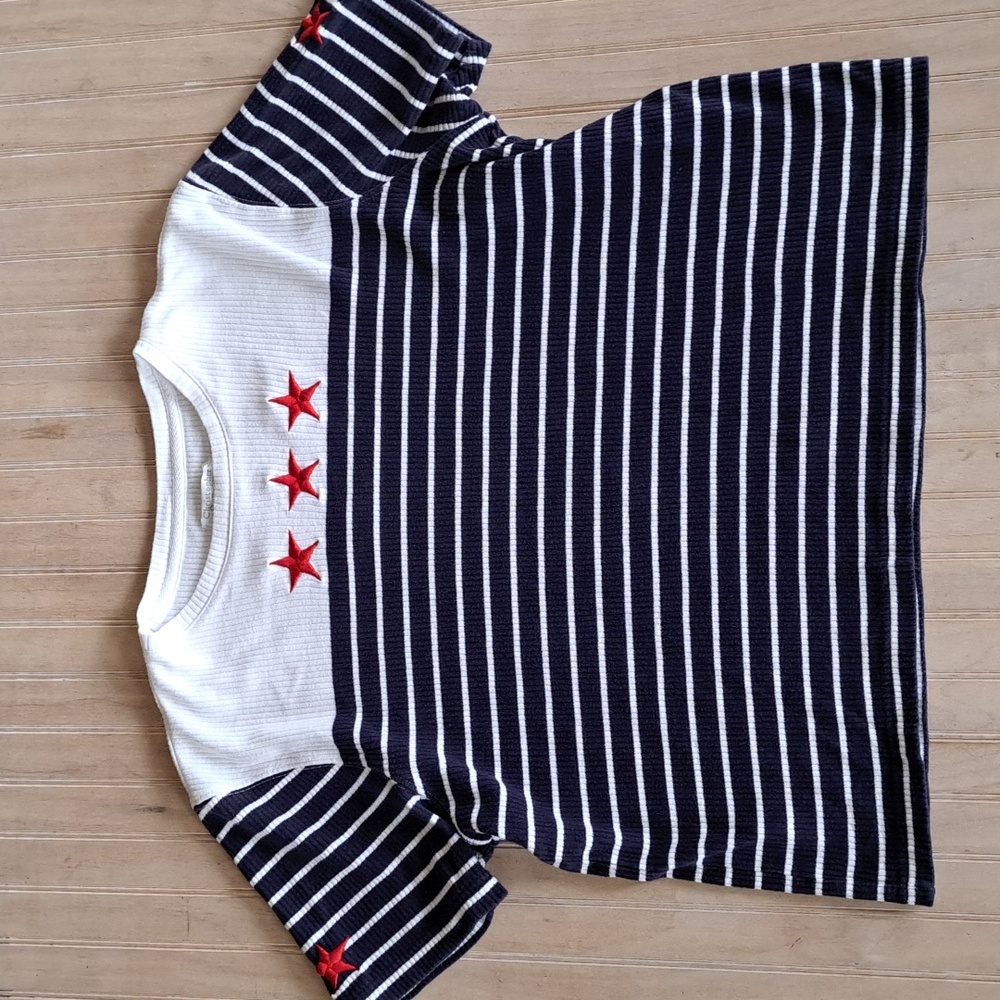 Christopher & Banks 100% Cotton Striped Ribbed Patriotic Star Tee Navy White Red
